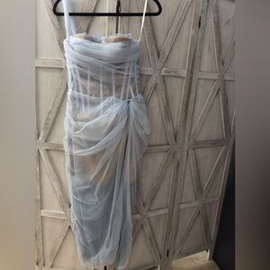 Annette Brand Elegant Blue Corset and Cream Dress One Shoulder